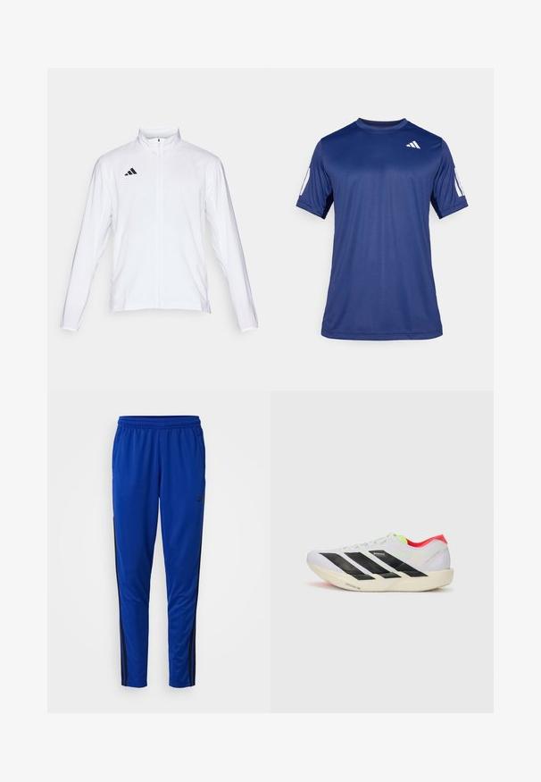 Hvit sportsjakke med lange ermer, høy krage og hel glidelås. Har svart tre-stripes logo på øvre venstre side.; Marineblå, kortermet treningstrøye laget av glatt stoff, med rund hals og en hvit logodetalj på øverste venstre bryst.; adidas Performance TRAIN ESSENTIALS 3-STRIPES - Joggebukse - semi lucid blue; Hvite joggesko med svarte striper, neongrønne detaljer og rød hæl. Har et lett design og teksturert såle for grep.