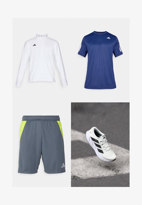 Biela atletická bunda s dlhými rukávmi, vysokým golierom a plným zipsom. Na hornej ľavej strane sa nachádza čierne logo s troma pruhmi.; Námornícky modrá športová košeľa s krátkym rukávom vyrobená z hladkej tkaniny, s okrúhlym výstrihom a bielym logom umiestneným na hornej ľavej strane hrude.; Sivé atletické šortky s neónovo zelenými bočnými panelmi, elastickým pásom a malým strieborným logom na dolnej pravej strane. Hladký povrch látky.; Biele športové tenisky s textúrovaným sieťovaným zvrškom, čiernymi pruhmi, šnurovaním a polstrovanou podrážkou, levitujúce nad označeným povrchom cesty.