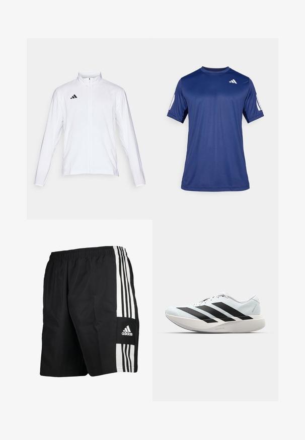 Valge sportlik jakk pikkade varrukatega, kõrge krae ja täispikk lukuga. Omab musta kolme triibu logo vasakul ülal.; Tume sinine lühikeste varrukatega spordisärk, mis on valmistatud siledast kangast, ümmarguse kaelaauguga ja valge logoga vasakul ülemisel rinnaosal.; Mustad mustad lühikesed püksid elastse vöökohaga, mille külgedel on kolm valget vertikaalset triipu ja adidas logo alumisel jalal.; Kerged jooksujalatsid helesinises värvuses mustade triipudega. Omavad siledat pealispinda, ümarat varvase osa ja paksu valget vahemõõtu, millel on silt "LIGHTSTRIKE PRO".