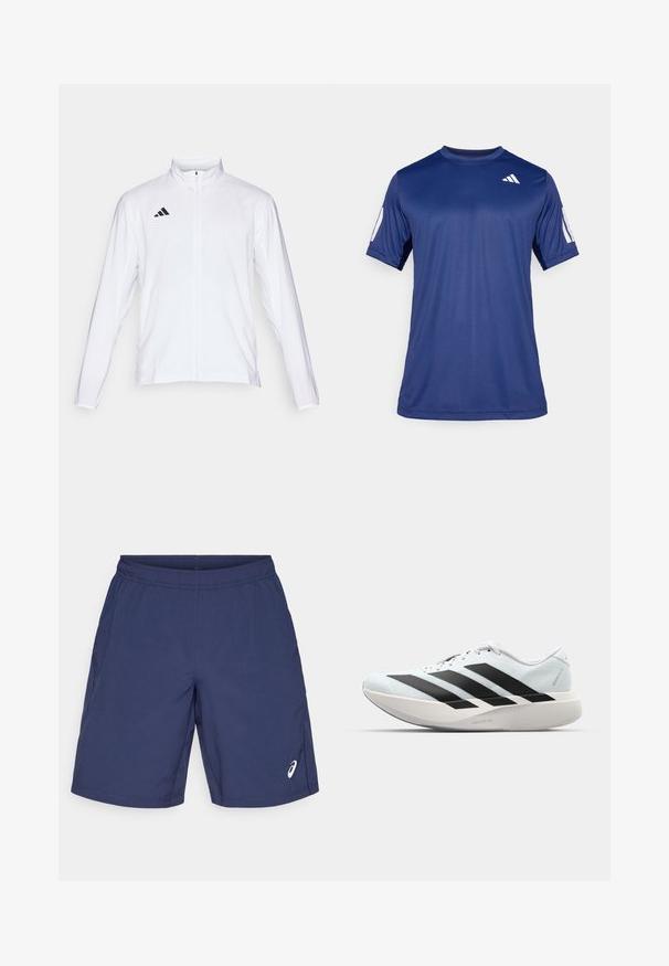 Bílá sportovní bunda s dlouhými rukávy, vysokým límcem a zipem po celé délce. Na horní levé straně je umístěno logo se třemi černými pruhy.; Námořnicky modré sportovní tričko s krátkým rukávem z hladké tkaniny, s kulatým výstřihem a bílým logem na levém horním prsu.; Námořnické modré šortky vyrobené z lehkého materiálu, s elastickým pasem a bočními kapsami. Logo zobrazené v dolním levém rohu.; Lehké běžecké boty v světle modré barvě s černými pruhy. Mají hladký svršek, kulatou špičku a silnou bílou mezipodešev označenou "LIGHTSTRIKE PRO."