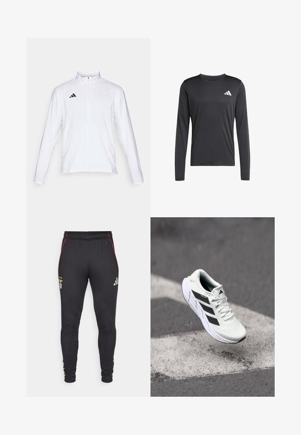 Bijela sportska jakna dugih rukava, s visokim ovratnikom i punim patentnim zatvaračem. Ima crni logo s tri pruge na gornjoj lijevoj strani.; Crna dugá rukava sportska majica izrađena od glatkog, laganog materijala s malim bijelim logom na gornjem lijevom dijelu. Jednostavan i prilagođen dizajn.; Crne atletske hlače s crvenim bočnim prugama, s logotipom i tri zvjezdice sprijeda. Izrađene su od mekog, rastezljivog materijala.; Bjela atletska cipela s mrežastim gornjim dijelom s teksturom, crnim prugama, vezanjem na vezice i podstavljenim potplatom, lebdi iznad označene ceste.