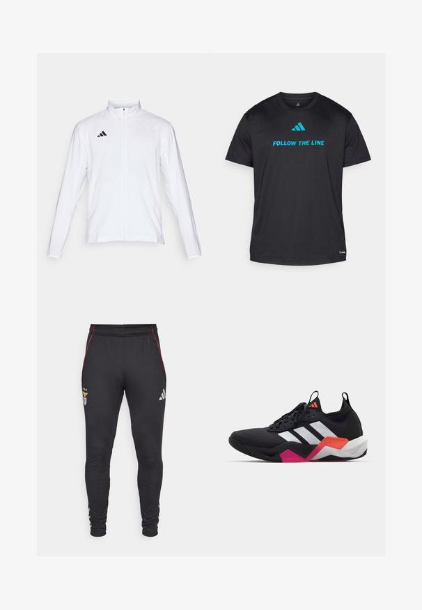 White athletic jacket with long sleeves, high collar, and full-length zipper. Features black three-stripe logo on the upper left side.; Black athletic t-shirt made of lightweight fabric, featuring "FOLLOW THE LINE" in bright blue and a small logo near the hem.; Black athletic pants with red side stripes, featuring a logo and three stars on the front. Made from a soft, stretchy material.; Black athletic shoe with white stripes, textured upper, and a chunky sole featuring orange, pink, and white accents. Laced design with pull tab.