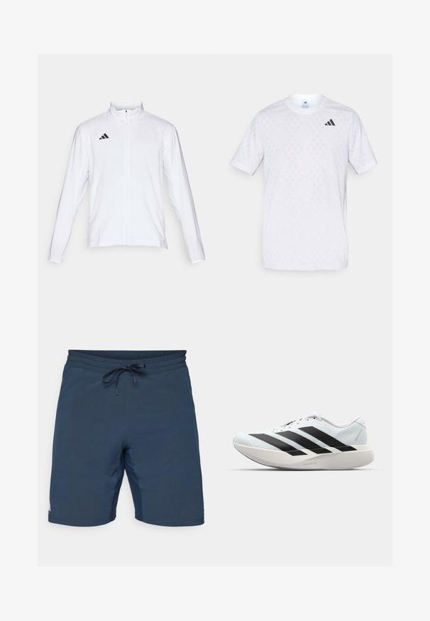 Balta sportinė striukė ilgomis rankovėmis, aukštu kaklu ir pilnu užtrauktuku. Viršutiniame kairiajame kampe yra juodas trijų juostelių logotipas.; Balti trumpa rankovė t-shirto viršutinė dalis su subtiliu deimantų raštu, pagaminta iš lengvo audinio, su juodu adidas logotipu ant krūtinės.; adidas Performance TENNIS ERGO - Sportiniai šortai - aurora ink; Lengvi bėgimo batai šviesiai mėlynos spalvos su juodomis juostelėmis. Yra lygus viršus, apvalus pirštas ir storas baltas vidpadis su užrašu "LIGHTSTRIKE PRO."