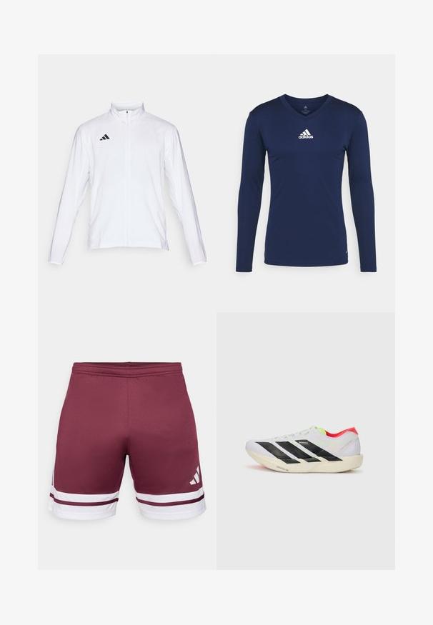 Valge sportlik jakk pikkade varrukatega, kõrge krae ja täispikk lukuga. Omab musta kolme triibu logo vasakul ülal.; Tumesinine sportlik pika varrukaga särk tekstureeritud kangast, V-kaelusega ja valge Adidas'i logoga rinnas. Lihtne disain, istuv lõige.; Bordo spordilühikesed püksid valgete triipudega. Sile tekstuur, elastne vöökoht, alumisel küljel on logo detail.; Valge jooksuking mustade triipudega, ere roheline aksessuaar ja punane konts. Omab kerget disaini ja tekstureeritud talla, mis tagab haarde.