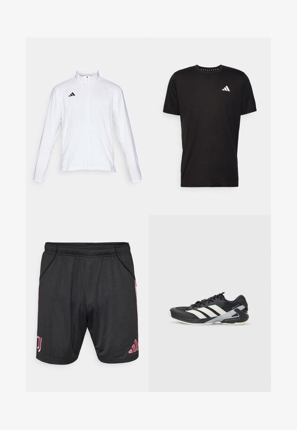 Biela atletická bunda s dlhými rukávmi, vysokým golierom a plným zipsom. Na hornej ľavej strane sa nachádza čierne logo s troma pruhmi.; Čierne bavlnené tričko s krátkymi rukávmi, klasickým výstrihom a bielym logom na ľavej strane hrude. Hladká textúra a jednoduchý dizajn.; Čierne atletické šortky s ružovými akcentmi, elastickým pásom, bočnými vreckami a logom Adidas. Vyrobené z ľahkej, hladkej tkaniny.; Čierna športová obuv s bielymi pruhmi, sieťovinový zvršok, zaoblená špička a polstrovaná podrážka. Obsahuje štruktúrovaný opätok a bezpečný systém šnurovania.
