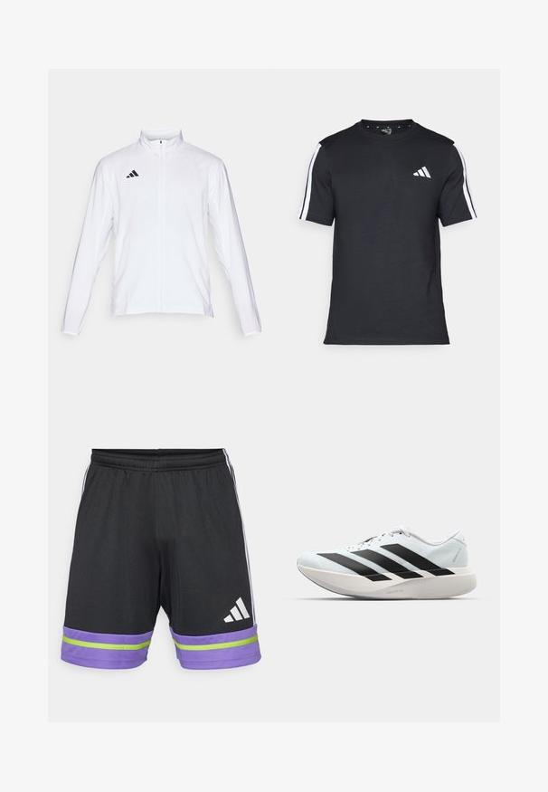 Chaqueta atlética blanca con mangas largas, cuello alto y cremallera completa. Presenta el logotipo de tres franjas en negro en la parte superior izquierda.; Camiseta negra de algodón de mangas cortas, con rayas blancas en los hombros y un logo blanco en el lado izquierdo del pecho.; Pantalones cortos deportivos negros con una franja morada y verde en el dobladillo, que cuentan con una cintura elástica y el logo de Adidas en blanco.; Zapatillas de running ligeras en azul pálido con rayas negras. Presentan una parte superior suave, puntera redonda y una gruesa mediasuela blanca etiquetada como "LIGHTSTRIKE PRO".