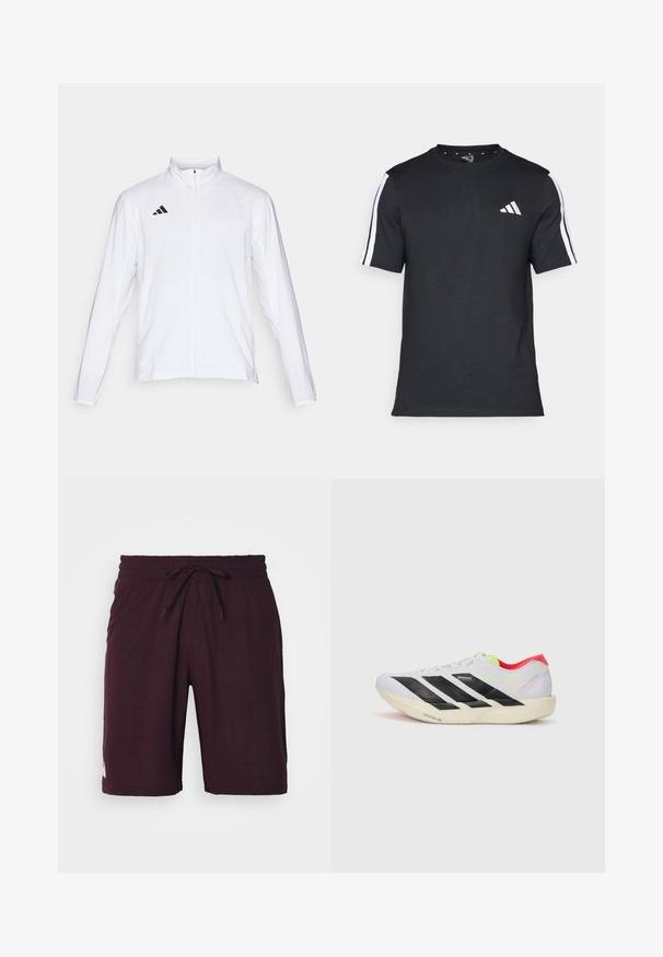 Casaco atlético branco com mangas longas, gola alta e fecho de correr completo. Apresenta o logo preto de três riscas no lado superior esquerdo.; T-shirt preto feito de algodão, com mangas curtas, apresentando riscas brancas nos ombros e um logótipo branco no lado esquerdo do peito.; Calções bordeaux feitos de tecido texturizado, com uma cintura elástica e cordão, e um pequeno logótipo branco na bainha inferior.; Sapatilha de corrida branca com riscas pretas, detalhes em verde neón e um calcanhar vermelho. Apresenta um design leve e uma sola texturizada para melhor aderência.