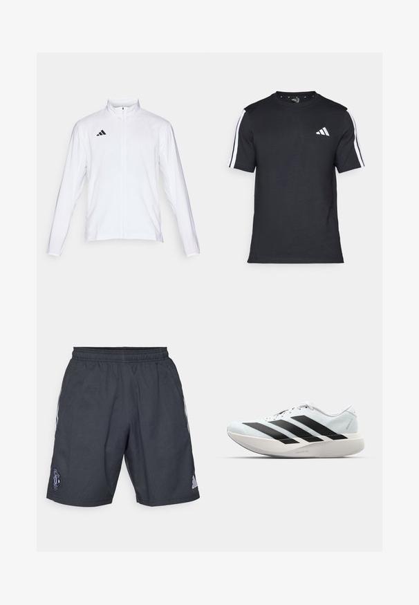 Vit sportjacka med långa ärmar, hög krage och hel dragkedja. Har en svart logotyp med tre ränder på övre vänstra sidan.; Svart T-shirt i bomull med korta ärmar, prydd med vita ränder på axlarna och en vit logotyp på vänster bröst.; Svarta träningsshorts tillverkade av andningsbart material, med elastisk midja, vita sidostråk och en Manchester United-logotyp.; Lätta löparskor i ljusblått med svarta ränder. Har en slät ovandel, rund tå och tjock vit mellansula märkt "LIGHTSTRIKE PRO."