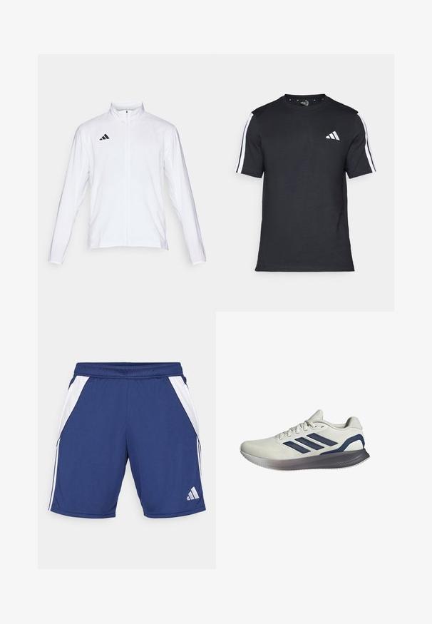 Witte sportjack met lange mouwen, hoge kraag en volledige ritssluiting. Kenmerkt zich door het zwarte drie-streepjeslogo aan de bovenkant aan de linkerkant.; Zwarte T-shirt van katoen met korte mouwen, met witte strepen op de schouders en een wit logo op de linkerkant van de borst.; Marineblauwe sportshorts met witte zijpanelen, elastische tailleband en logodetail op de onderste zoom. Gemaakt van lichtgewicht, ademend materiaal.; Lichtgrijze sportschoen met een getextureerde mesh bovenzijde, marineblauwe drie-strepenontwerp en een grijze rubberen zool met ergonomische vorm.