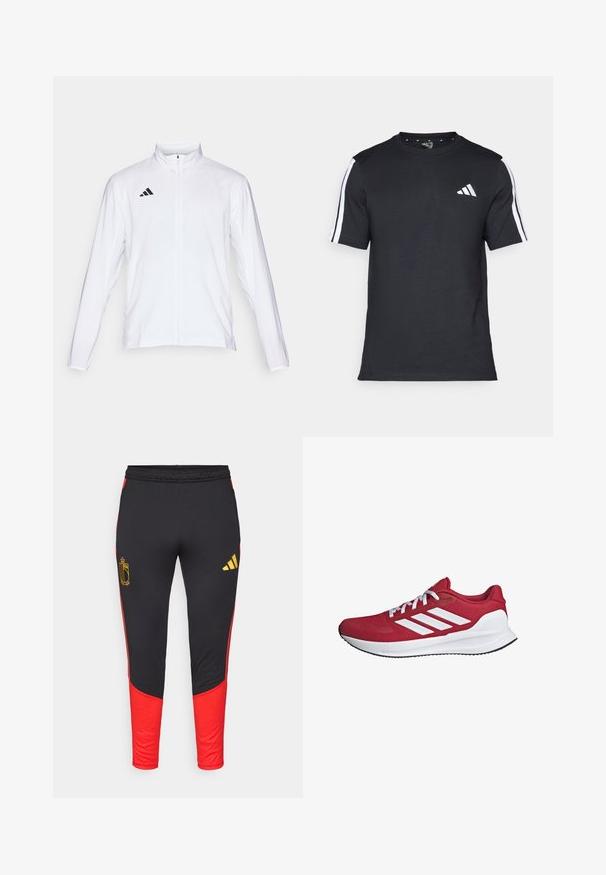 White athletic jacket with long sleeves, high collar, and full-length zipper. Features black three-stripe logo on the upper left side.; Black T-shirt made of cotton with short sleeves, featuring white stripes on the shoulders and a white logo on the left chest.; Black athletic pants with red side panels, featuring a gold logo on the left thigh and a yellow Adidas logo on the right leg.; Red athletic shoe with a mesh upper, white accents, and three diagonal stripes. Features a cushioned midsole and textured black outsole.