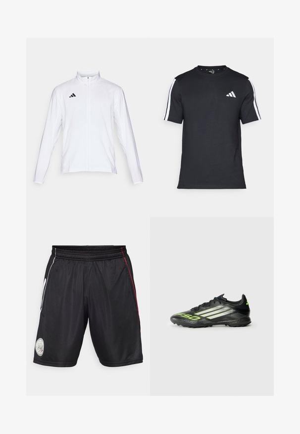 Veste de sport blanche à manches longues, col haut et fermeture éclair sur toute la longueur. Présente un logo noir à trois bandes sur le côté supérieur gauche.; T-shirt noir en coton à manches courtes, arborant des rayures blanches sur les épaules et un logo blanc sur la poitrine gauche.; Shorts de sport noirs avec taille élastique, rayures latérales blanches et rouges, et patch logo circulaire sur la jambe gauche. Tissu lisse et léger.; Chaussure de foot noire avec une surface texturée, dotée d'accents vert fluo et de trois rayures blanches. Conçue pour le gazon avec une semelle extérieure en caoutchouc.