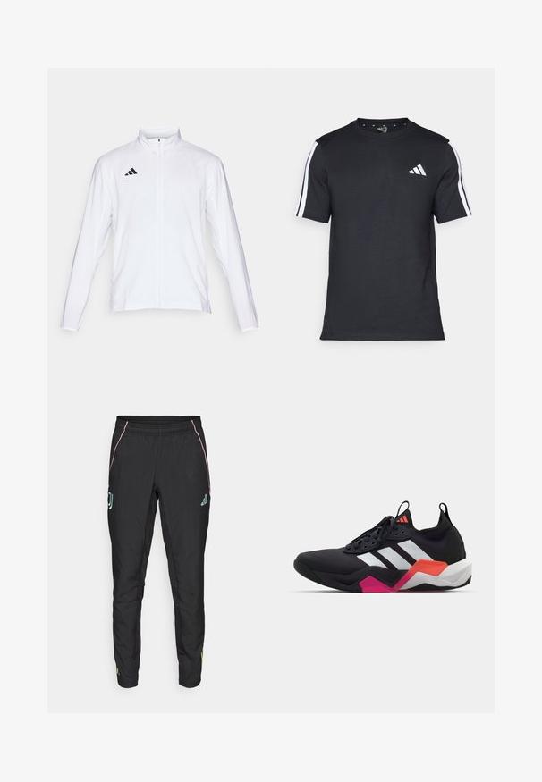 Casaco atlético branco com mangas longas, gola alta e fecho de correr completo. Apresenta o logo preto de três riscas no lado superior esquerdo.; T-shirt preto feito de algodão, com mangas curtas, apresentando riscas brancas nos ombros e um logótipo branco no lado esquerdo do peito.; Calças atléticas pretas com uma textura suave. Apresentam detalhes em rosa e turquesa, cintura elástica e logótipos nas laterais.; Sapatilha atlética preta com riscas brancas, parte superior texturizada e sola robusta com detalhes em laranja, rosa e branco. Design com atacadores e alça de puxar.