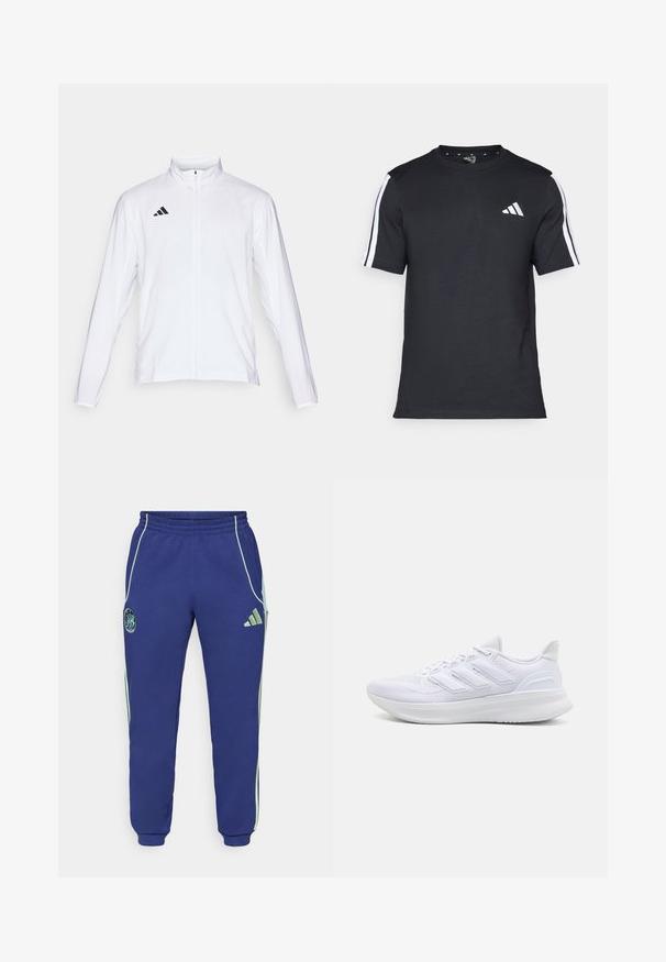 White athletic jacket with long sleeves, high collar, and full-length zipper. Features black three-stripe logo on the upper left side.; Black T-shirt made of cotton with short sleeves, featuring white stripes on the shoulders and a white logo on the left chest.; Navy blue sweatpants with green accents. Features an elastic waistband, side pockets, and embroidered logo on the left leg. Soft fabric.; White athletic shoes featuring a textured mesh upper, supportive cushioned sole, and three stripe design on the side.