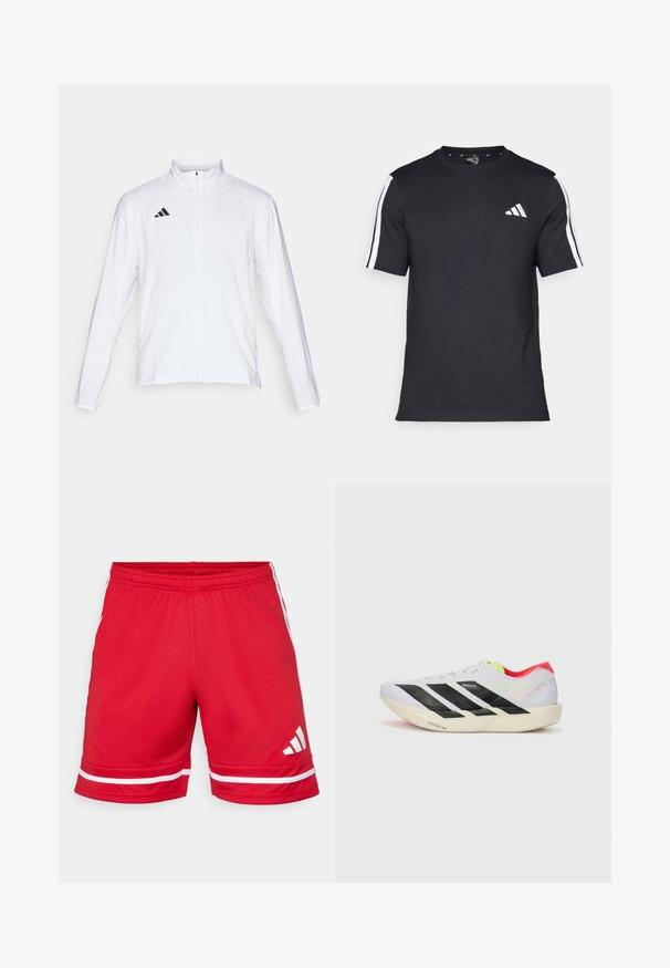 Fehér sportdzseki hosszú ujjal, magas gallérral és teljes hosszúságú cipzárral. A bal felső oldalon fekete háromcsíkos logó található.; Fekete, rövid ujjú pamut póló, fehér csíkokkal a vállain és fehér logóval a bal mellkason.; Piros sportnadrág könnyű anyagból, fehér vízszintes csíkokkal a szegélyen és fehér logóval a bal lábon.; Fehér futócipő fekete csíkokkal, neon zöld részletekkel és piros sarokkal. Könnyű dizájnnal és texturált talppal rendelkezik a tapadás érdekében.