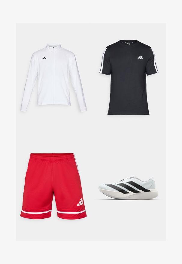 Witte sportjack met lange mouwen, hoge kraag en volledige ritssluiting. Kenmerkt zich door het zwarte drie-streepjeslogo aan de bovenkant aan de linkerkant.; Zwarte T-shirt van katoen met korte mouwen, met witte strepen op de schouders en een wit logo op de linkerkant van de borst.; Rode sportshorts van lichtgewicht stof, met witte horizontale strepen aan de zoom en een wit logo op het linkerpunt.; Lichte hardloopschoenen in lichtblauw met zwarte strepen. Beschikt over een soepele bovenkant, ronde neusstuk en dikke witte tussenzool met het label "LIGHTSTRIKE PRO."
