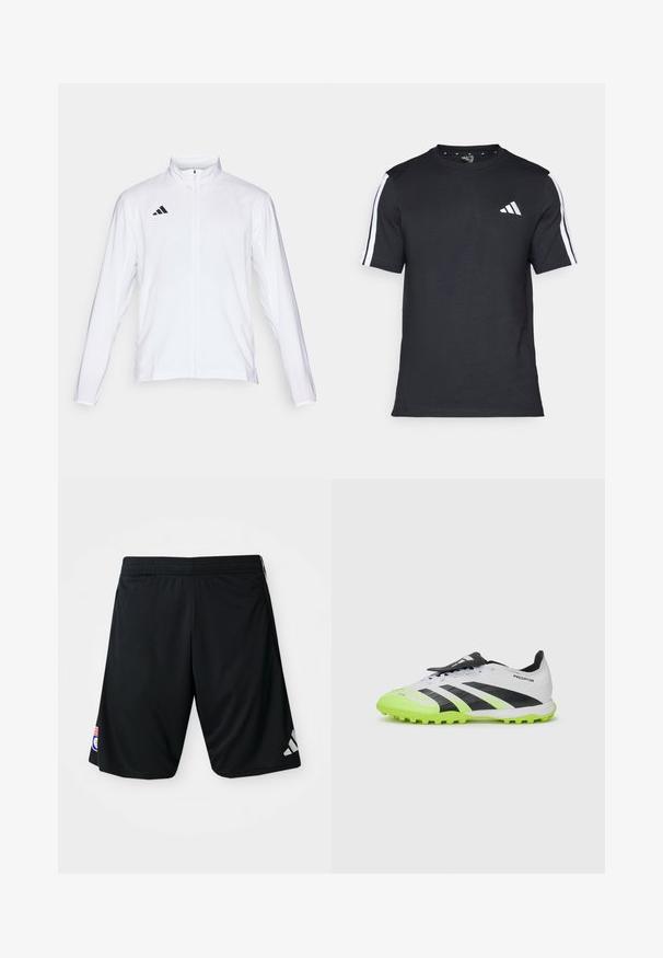 Bela atletska jakna z dolgimi rokavi, visokim ovratnikom in popolnim zadrgo. Ima črn logotip s tremi črtami na zgornji levi strani.; Črna majica z kratkimi rokavi iz bombaža, z belimi črtami na ramenih in belim logotipom na levem prsnem delu.; Črne atletske kratke hlače iz gladkega, lahkega materiala. Imajo elastičen pas, sivo Adidasovo logo ter žep na strani.; Bela in črna nogometna kopačka z neonsko zelenimi detajli. Teksturirana zgornji del, črne črte in oblikovani bodici na kontrastnem živahnem podplatu.