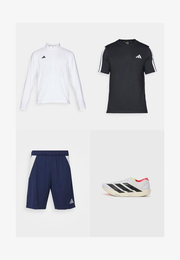 Fehér sportdzseki hosszú ujjal, magas gallérral és teljes hosszúságú cipzárral. A bal felső oldalon fekete háromcsíkos logó található.; Fekete, rövid ujjú pamut póló, fehér csíkokkal a vállain és fehér logóval a bal mellkason.; Sötétkék sportnadrág sima anyagból. Fehér oldalhímzéssel és elasztikus derékkal rendelkezik. Bal lábon ezüst színű logóval ellátott.; Fehér futócipő fekete csíkokkal, neon zöld részletekkel és piros sarokkal. Könnyű dizájnnal és texturált talppal rendelkezik a tapadás érdekében.