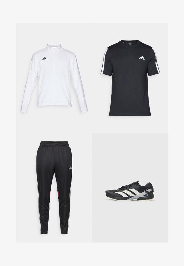 Balta sporta jaka ar garām piedurknēm, augstu apkakli un pilna garuma rāvējslēdzēju. Uz augšējās kreisās puses ir melna trīslīniju logo.; Melna kokvilnas T-kreklā ar īsām piedurknēm, uz kurām ir baltas svītras plecu daļā un balts logos kreisajā krūtīs.; Melnas sporta bikses, izgatavotas no gludas poliestera, ar baltām sānu svītrām, rozā akcentiem kabatās un elastīgu jostasvietu.; Melnas sporta kurpes ar baltām svītrām, acs augšdaļa, noapaļots pirksts un mīksts zole. Iespējams ar teksturētu papēdi un drošu šņoru sistēmu.