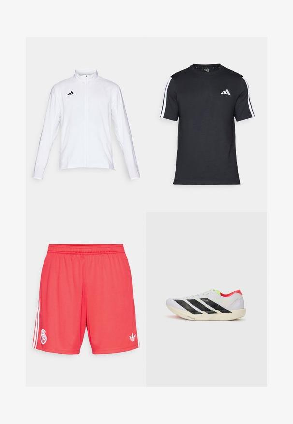 White athletic jacket with long sleeves, high collar, and full-length zipper. Features black three-stripe logo on the upper left side.; Black T-shirt made of cotton with short sleeves, featuring white stripes on the shoulders and a white logo on the left chest.; Red athletic shorts made of lightweight fabric, featuring a white logo on the left leg and three white stripes along the sides.; White running shoe with black stripes, neon green accents, and a red heel. Features a lightweight design and textured sole for grip.