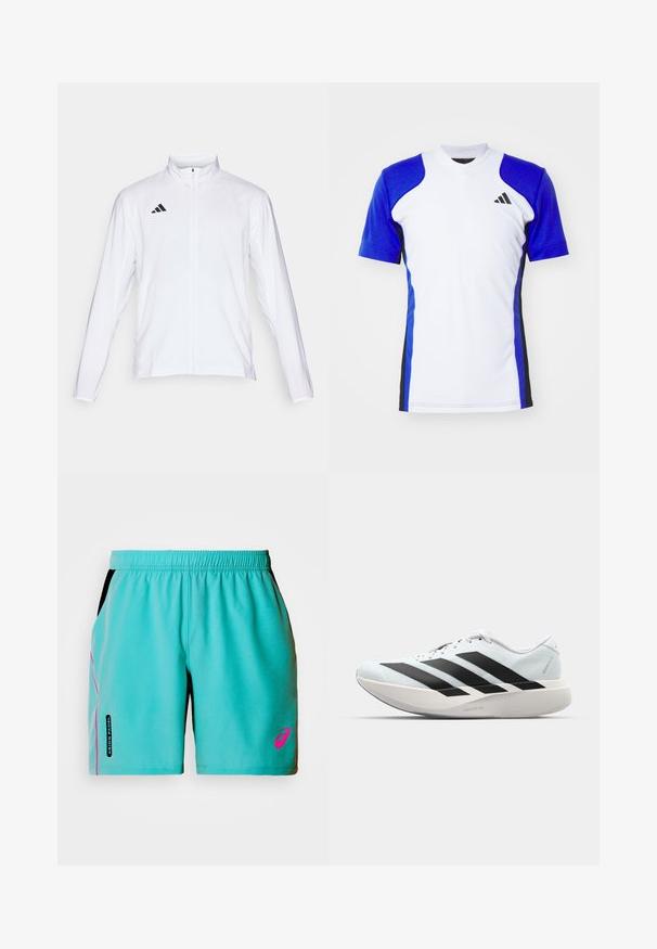 Bílá sportovní bunda s dlouhými rukávy, vysokým límcem a zipem po celé délce. Na horní levé straně je umístěno logo se třemi černými pruhy.; Krátký rukáv sportovní tričko v bílé barvě s modrými rukávy, s černými bočními akcenty a malým černým logem na hrudi. Hladký povrch látky.; ASICS PADEL COURT SHORT - Sportovní kraťasy - energy aqua; Lehké běžecké boty v světle modré barvě s černými pruhy. Mají hladký svršek, kulatou špičku a silnou bílou mezipodešev označenou "LIGHTSTRIKE PRO."