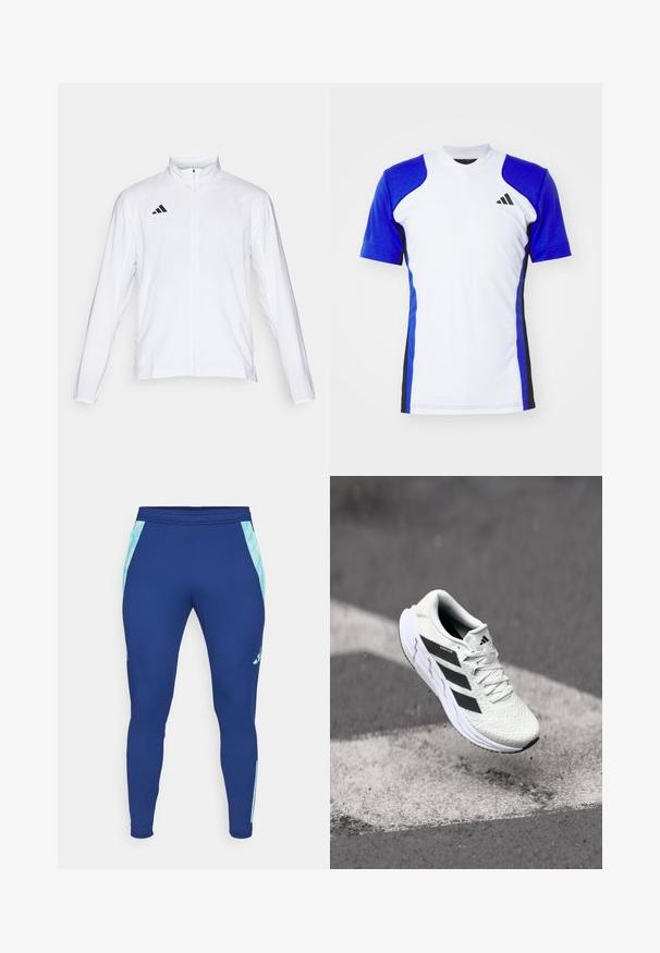 Giacca atletica bianca con maniche lunghe, colletto alto e zip lungo. Presenta il logo nero a tre strisce sul lato sinistro superiore.; Maglietta atletica a maniche corte di colore bianco con maniche blu, caratterizzata da dettagli laterali neri e un piccolo logo nero sul petto. Tessuto morbido e liscio.; Leggings sportivi blu navy realizzati in materiale elastico, con pannelli laterali azzurri e un design aderente con un fondo stretto alla caviglia.; Scarpa sportiva bianca con tomaia in rete testurizzata, strisce nere, chiusura con lacci e suola ammortizzata, che levita sopra una superficie stradale segnata.