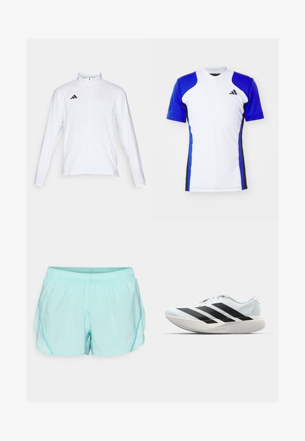 White athletic jacket with long sleeves, high collar, and full-length zipper. Features black three-stripe logo on the upper left side.; Short-sleeve athletic shirt in white with blue sleeves, featuring black side accents and a small black logo on the chest. Smooth fabric finish.; Light turquoise sports shorts with an elastic waistband, side mesh panels, and a small logo on the lower front. Smooth texture and relaxed fit.; Lightweight running shoes in pale blue with black stripes. Features a smooth upper, round toe, and thick white midsole labeled "LIGHTSTRIKE PRO."