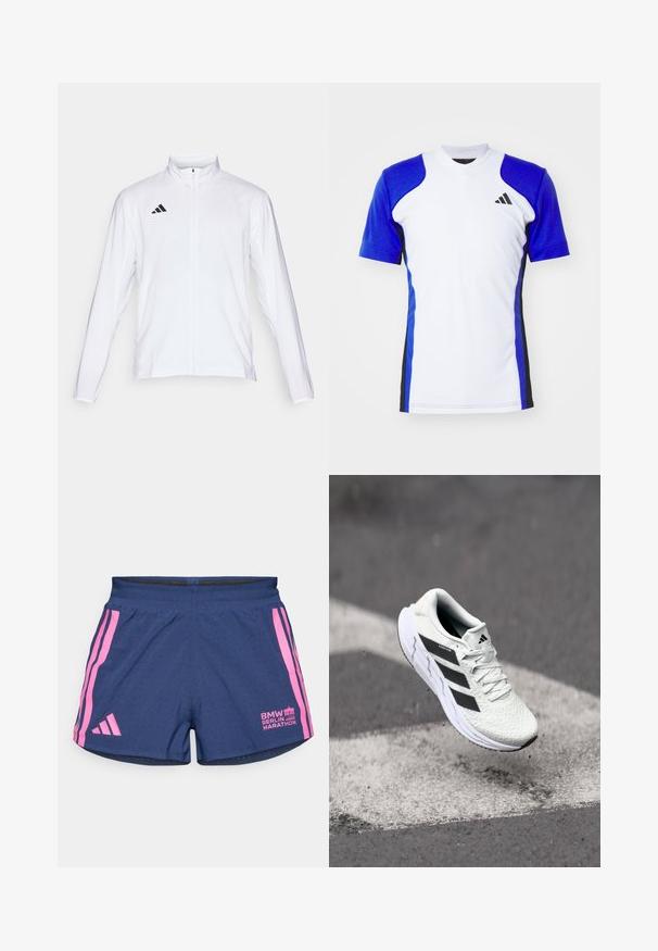Chaqueta atlética blanca con mangas largas, cuello alto y cremallera completa. Presenta el logotipo de tres franjas en negro en la parte superior izquierda.; Camisa deportiva de manga corta en blanco con mangas azules, con acentos laterales en negro y un pequeño logo negro en el pecho. Acabado de tejido suave.; adidas Performance BER25 SPLIT SHORT - Pantalón corto de deporte - collegiate navy; Zapatilla deportiva blanca con parte superior de malla texturizada, rayas negras, cierre de cordones y suela acolchada, levitando sobre una superficie de carretera marcada.
