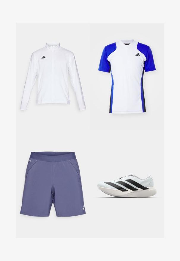 Bela atletska jakna z dolgimi rokavi, visokim ovratnikom in popolnim zadrgo. Ima črn logotip s tremi črtami na zgornji levi strani.; Kratek rokav športna majica v beli barvi z modrimi rokavi, z črnimi stranskimi akcenti in majhnim črnim logotipom na prsih. Gladka tkanina.; Moške športne kratke hlače v temno vijolični barvi, izdelane iz lahkega materiala. Imajo stranske žepe in logo na spodnjem robu. Gladka tekstura.; Lahki tekaški čevlji v svetlo modri barvi z belimi črtami. Imajo gladek zgornji del, okroglo kapico in debel bel srednji podplat z označbo "LIGHTSTRIKE PRO."