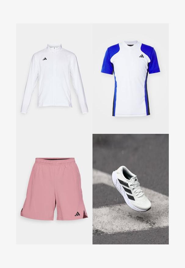 Bijela sportska jakna dugih rukava, s visokim ovratnikom i punim patentnim zatvaračem. Ima crni logo s tri pruge na gornjoj lijevoj strani.; Sportska majica kratkih rukava u bijeloj boji s plavim rukavima, s crnim bočnim akcentima i malim crnim logotipom na prsima. Glatka tkanina.; adidas Performance Sportske kratke hlače - preloved crimson; Bjela atletska cipela s mrežastim gornjim dijelom s teksturom, crnim prugama, vezanjem na vezice i podstavljenim potplatom, lebdi iznad označene ceste.
