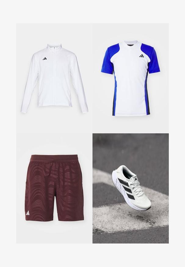 Valkoinen urheilutakki pitkillä hihoilla, korkea kaulus ja vetoketju koko pituudeltaan. Oikeassa yläreunassa musta kolmiraidallinen logo.; Lyhythihainen urheilupaita valkoisena, jossa on siniset hihat, mustat sivuosat ja pieni musta logo rinnassa. Sileä kangas.; Värihaalarin urheilusortsit, joissa on aaltoileva kuvio, elastinen vyötärönauha, sivutaskut ja valkoinen Adidas-logo vasemmassa alareunassa.; Valkoinen urheilujalkine, jossa on teksturoitu verkkomateriaali, mustat raidat, nauhakiinnitys ja pehmustettu pohja, leijuu merkittyjen tienpintojen yllä.