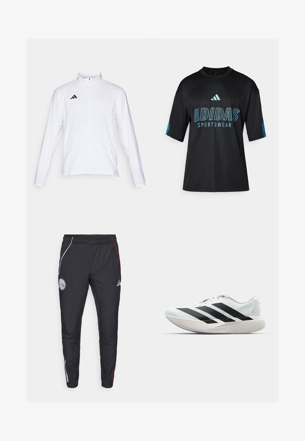 Valge sportlik jakk pikkade varrukatega, kõrge krae ja täispikk lukuga. Omab musta kolme triibu logo vasakul ülal.; Mustad musta värvi Adidas spordipusa, millel on võrgu tekstuur, lühikesed varrukad, ümmargune kaelus ning sinine logo ja tekst detaili esi- ja varrukatel.; Mustad mustreeritud mustad treeningpüksid, millel on kitsenev lõige. Omab valgeid ja punaseid külgribasid, elastset vööd ning ülesreieosas on brodüüritud logo.; Kerged jooksujalatsid helesinises värvuses mustade triipudega. Omavad siledat pealispinda, ümarat varvase osa ja paksu valget vahemõõtu, millel on silt "LIGHTSTRIKE PRO".