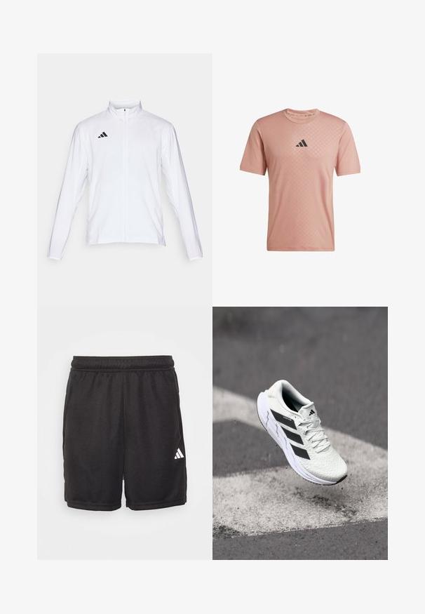 Valkoinen urheilutakki pitkillä hihoilla, korkea kaulus ja vetoketju koko pituudeltaan. Oikeassa yläreunassa musta kolmiraidallinen logo.; Vaaleanpunainen urheilupaita, jossa on teksturoitu kuvio yläosassa ja musta logo. Lyhyet hihat ja pyöreä kaula-aukko. Pehmeä kangas.; Mustat urheilushortsit, jotka on valmistettu sileästä kankaasta, jossa on joustava vyötärö, sivutaskut ja valkoinen Adidas-logo oikeassa alareunassa.; Valkoinen urheilujalkine, jossa on teksturoitu verkkomateriaali, mustat raidat, nauhakiinnitys ja pehmustettu pohja, leijuu merkittyjen tienpintojen yllä.