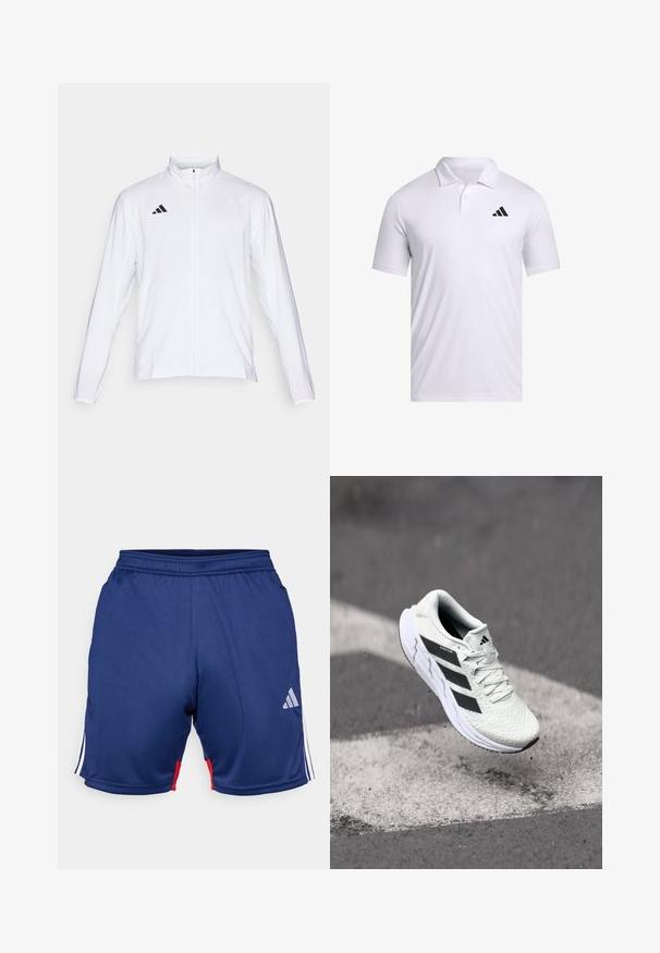 Fehér sportdzseki hosszú ujjal, magas gallérral és teljes hosszúságú cipzárral. A bal felső oldalon fekete háromcsíkos logó található.; Fehér póló, lélegző anyagból készült, galléros, rövid ujjal, fekete Adidas logóval a bal mellen.; Sötétkék sportnadrág fehér és piros részletekkel, rugalmas derékkal és Adidas logóval az alsó oldalon. Sima szövettextúra.; Fehér sportcipő texturált hálós felsőrésszel, fekete csíkokkal, fűzős záródással és párnázott talppal, egy megjelölt útfelület felett lebeg.