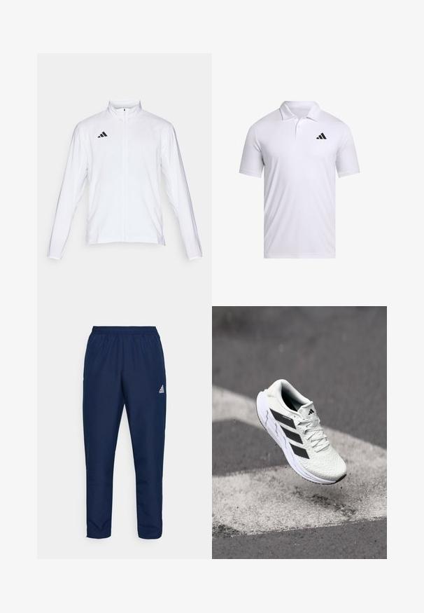 Weiße Sportjacke mit langen Ärmeln, hohem Kragen und durchgehendem Reißverschluss. Mit schwarzem Drei-Streifen-Logo auf der oberen linken Seite.; Weißes Polohemd aus atmungsaktivem Stoff mit Kragen, kurzen Ärmeln und einem schwarzen Adidas-Logo auf der linken Brust.; Marineblaue Sporthose aus leichtem, glattem Material mit einem elastischen Bund und weißem Logo auf dem linken Oberschenkel.; Weiße Sportschuh mit strukturiertem Mesh-Obermaterial, schwarzen Streifen, Schnürverschluss und gepolstertem Sohlen, schwebt über einer markierten Straßenoberfläche.