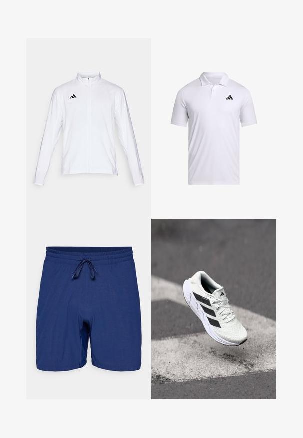 Chaqueta atlética blanca con mangas largas, cuello alto y cremallera completa. Presenta el logotipo de tres franjas en negro en la parte superior izquierda.; Polo blanco hecho de tela transpirable con cuello, con mangas cortas y un logo negro de Adidas en el lado izquierdo del pecho.; Bañador azul con cintura elástica y cierre de cordón. Presenta un patrón de tela texturizada y un corte de longitud media.; Zapatilla deportiva blanca con parte superior de malla texturizada, rayas negras, cierre de cordones y suela acolchada, levitando sobre una superficie de carretera marcada.