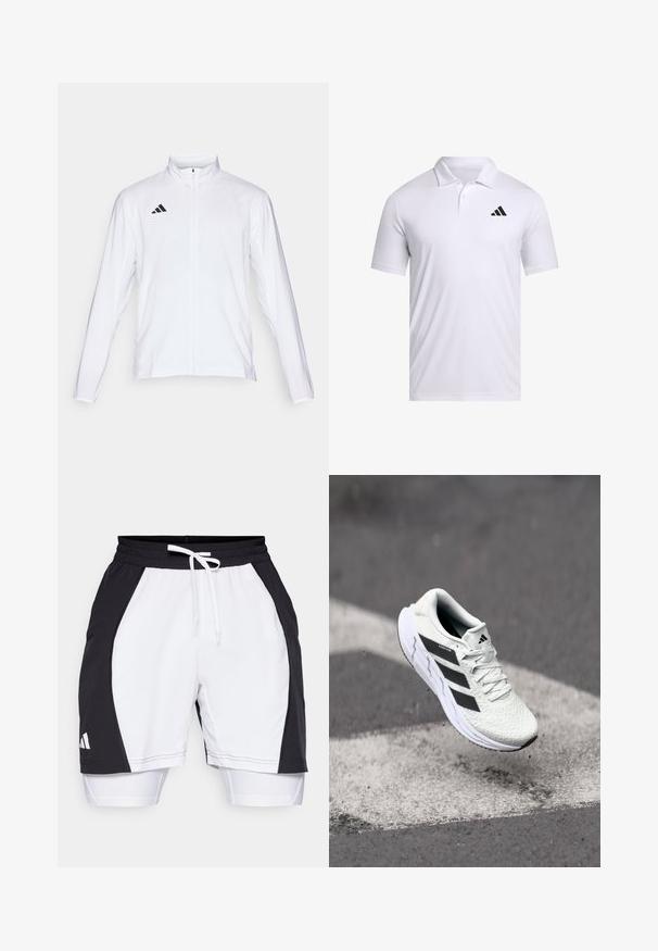 Chaqueta atlética blanca con mangas largas, cuello alto y cremallera completa. Presenta el logotipo de tres franjas en negro en la parte superior izquierda.; Polo blanco hecho de tela transpirable con cuello, con mangas cortas y un logo negro de Adidas en el lado izquierdo del pecho.; Pantalones cortos deportivos en blanco y negro con un cuerpo blanco texturizado y paneles laterales negros, que cuentan con una cintura con cordón y pantalones cortos interiores.; Zapatilla deportiva blanca con parte superior de malla texturizada, rayas negras, cierre de cordones y suela acolchada, levitando sobre una superficie de carretera marcada.