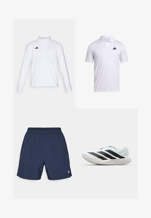 Valge sportlik jakk pikkade varrukatega, kõrge krae ja täispikk lukuga. Omab musta kolme triibu logo vasakul ülal.; Valge polo särk hingavast kangast, millel on krae, lühikesed varrukad ja must Adidas logo vasakul rinnal.; Tumed lühikesed püksid kerge kangaga, painduva vöökohtadega ja väikese logoga alumises paremas servas. Sile tekstuur, põlve pikkus.; Kerged jooksujalatsid helesinises värvuses mustade triipudega. Omavad siledat pealispinda, ümarat varvase osa ja paksu valget vahemõõtu, millel on silt "LIGHTSTRIKE PRO".