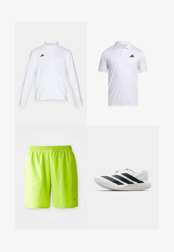 Fehér sportdzseki hosszú ujjal, magas gallérral és teljes hosszúságú cipzárral. A bal felső oldalon fekete háromcsíkos logó található.; Fehér póló, lélegző anyagból készült, galléros, rövid ujjal, fekete Adidas logóval a bal mellen.; Világos lime zöld fürdőnadrág, elasztikus derékpánttal és oldalsó zsebekkel, egy sima fehér háttér előtt bemutatva.; Világoskék, fekete csíkos könnyű futószerek. Simább felső résszel, kerek orral és vastag fehér középtalppal, amelyen a "LIGHTSTRIKE PRO" felirat olvasható.