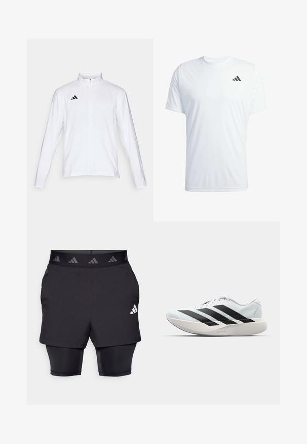 Chaqueta atlética blanca con mangas largas, cuello alto y cremallera completa. Presenta el logotipo de tres franjas en negro en la parte superior izquierda.; Camiseta atlética blanca de manga corta hecha de tejido ligero, con un logo negro de Adidas en la parte superior del pecho izquierdo.; Pantalones cortos deportivos negros con una capa interior. Tejido texturizado en los pantalones cortos exteriores, que cuentan con una cinturilla elástica con estampado y un detalle de logo.; Zapatillas de running ligeras en azul pálido con rayas negras. Presentan una parte superior suave, puntera redonda y una gruesa mediasuela blanca etiquetada como "LIGHTSTRIKE PRO".