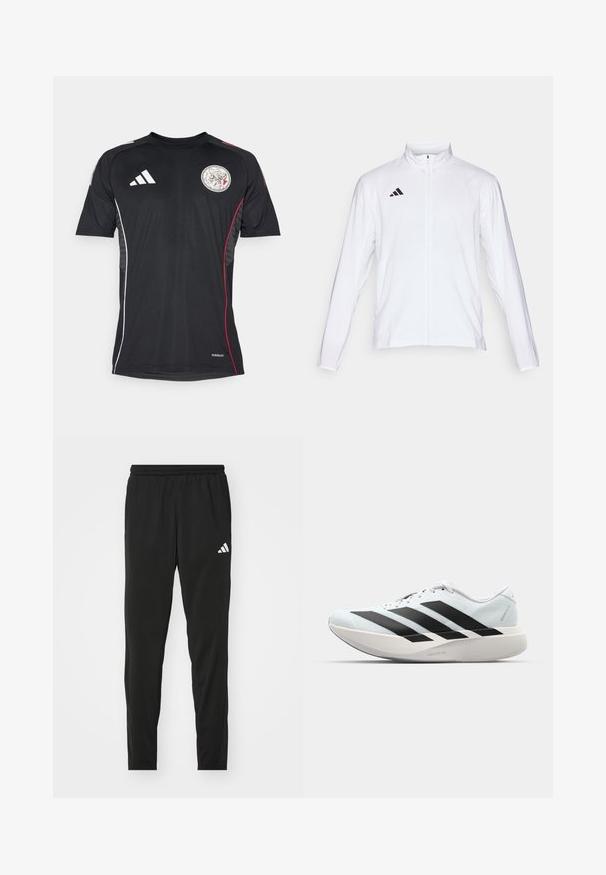 Biela atletická bunda s dlhými rukávmi, vysokým golierom a plným zipsom. Na hornej ľavej strane sa nachádza čierne logo s troma pruhmi.; Čierne športové tričko s krátkym rukávom, okrúhlym výstrihom, bielymi detailami, červenými pruhmi po stranách a okrúhlym emblémom na hrudi.; Čierne atletické nohavice s elastickým pásom, zúženým strihom a bielym logom Adidas na ľavom stehne. Hladká, ľahká tkanina.; Ľahké bežecké topánky v svetlomodrej farbe s čiernymi pruhmi. Majú hladký zvršok, okrúle špičky a hrubú bielu medzipodrážku označenú "LIGHTSTRIKE PRO."