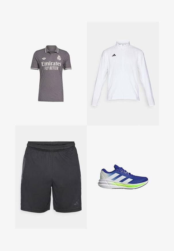 Hvid atletisk jakke med lange ærmer, høj krave og fuld lynlås. Har et sort tre-stripes logo på den øverste venstre side.; Grå fodboldtrøje med et tekstureret mønster, med polo-krave, hvide accenter og "Emirates Fly Better" logo. Adidas-logo på brystet.; adidas Performance SEA SHORT - Korte sportsbukser - black; Blå atletisk sko med hvide accenter, mesh-overdel og polstret sål fremhævet af en neon grøn streg. Har et buet design.