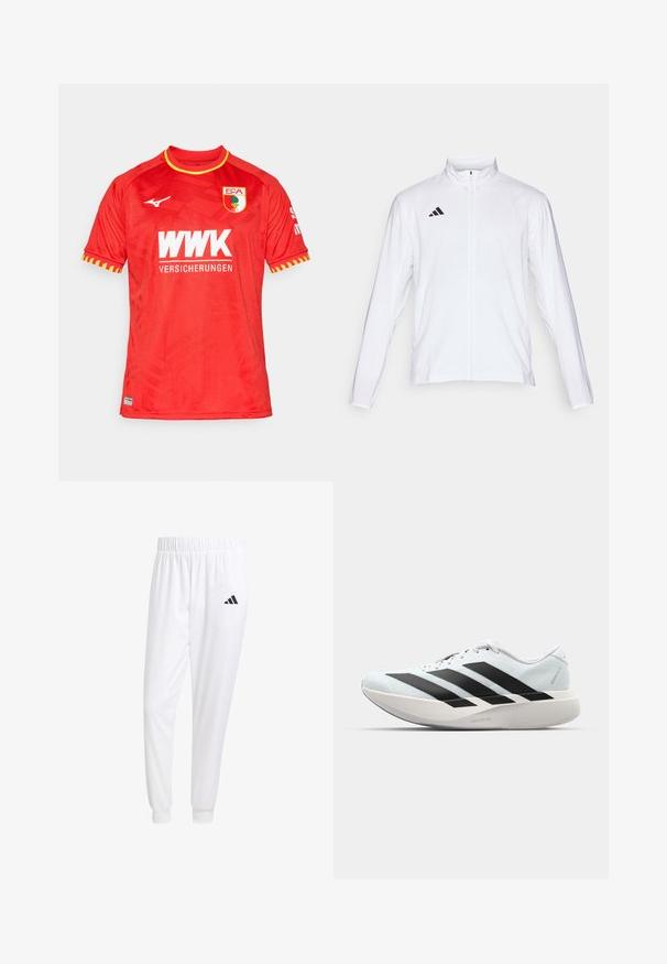 White athletic jacket with long sleeves, high collar, and full-length zipper. Features black three-stripe logo on the upper left side.; Red athletic jersey with short sleeves, round neckline, textured pattern, yellow accents on cuffs, and printed logos on front and sleeves.; White athletic pants made of smooth fabric, featuring an elastic waistband and fitted cuffs, with a black logo on the back pocket.; Lightweight running shoes in pale blue with black stripes. Features a smooth upper, round toe, and thick white midsole labeled "LIGHTSTRIKE PRO."