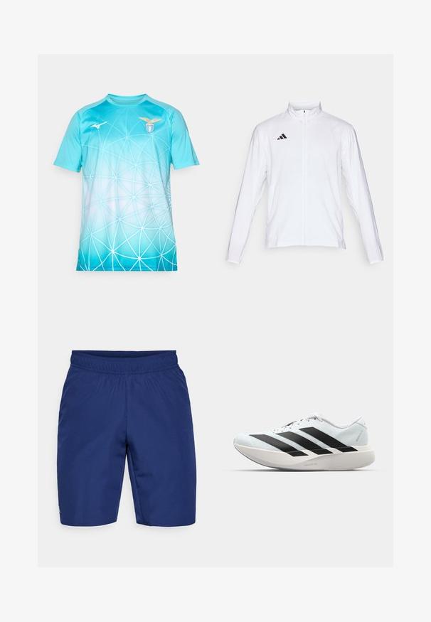 Witte sportjack met lange mouwen, hoge kraag en volledige ritssluiting. Kenmerkt zich door het zwarte drie-streepjeslogo aan de bovenkant aan de linkerkant.; Lichtblauw sportshirt met wit geometrisch webpatroon, S.S. Lazio-logo op de rechterborst en Mizuno-logo op de linkerborst.; Marineblauwe sportshorts van textuurstof, met een elastische tailleband en een kleine logoaccent aan de zijkant.; Lichte hardloopschoenen in lichtblauw met zwarte strepen. Beschikt over een soepele bovenkant, ronde neusstuk en dikke witte tussenzool met het label "LIGHTSTRIKE PRO."