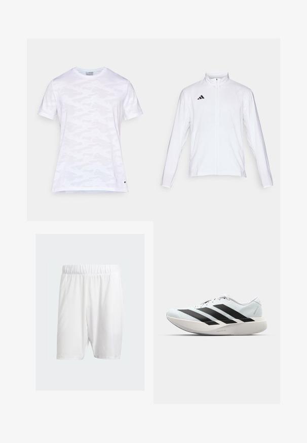 Chaqueta atlética blanca con mangas largas, cuello alto y cremallera completa. Presenta el logotipo de tres franjas en negro en la parte superior izquierda.; Camiseta blanca de manga corta con un sutil patrón de camuflaje tonal, cuello redondo, textura suave y un pequeño detalle del logo en el dobladillo.; Pantalones cortos deportivos blancos hechos de una tela ligera, con una cinturilla elástica, textura suave y corte a la altura de la rodilla.; Zapatillas de running ligeras en azul pálido con rayas negras. Presentan una parte superior suave, puntera redonda y una gruesa mediasuela blanca etiquetada como "LIGHTSTRIKE PRO".