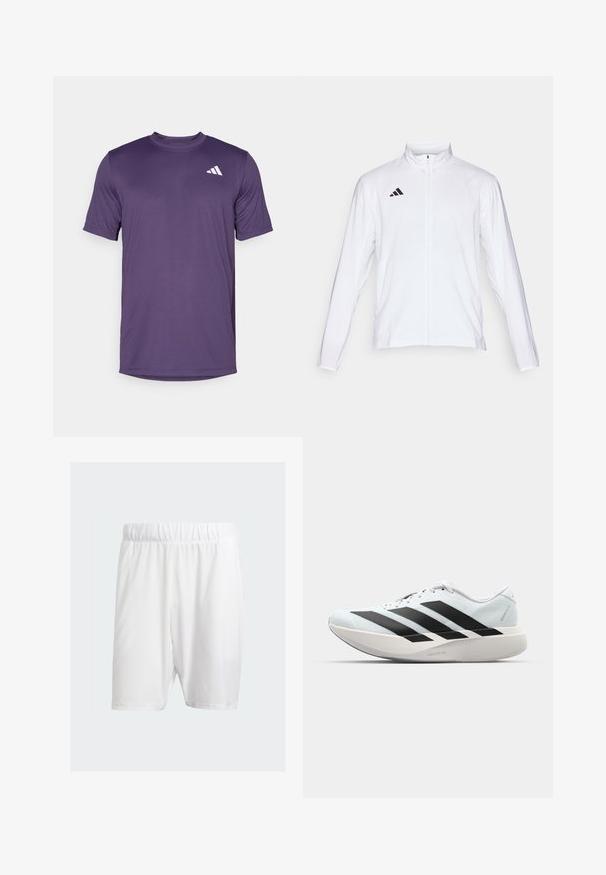 Chaqueta atlética blanca con mangas largas, cuello alto y cremallera completa. Presenta el logotipo de tres franjas en negro en la parte superior izquierda.; Camiseta deportiva corta de manga corta en color morado, hecha de una tela ligera, con un escote redondeado y un logo blanco en la parte superior izquierda.; Pantalones cortos deportivos blancos hechos de una tela ligera, con una cinturilla elástica, textura suave y corte a la altura de la rodilla.; Zapatillas de running ligeras en azul pálido con rayas negras. Presentan una parte superior suave, puntera redonda y una gruesa mediasuela blanca etiquetada como "LIGHTSTRIKE PRO".