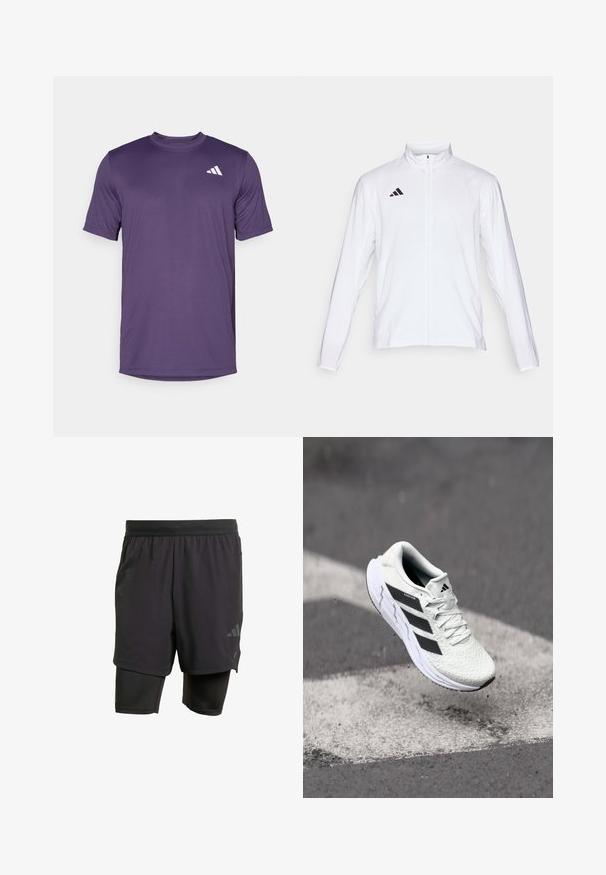 Hvit sportsjakke med lange ermer, høy krage og hel glidelås. Har svart tre-stripes logo på øvre venstre side.; Lilla kortermet treningst-skjorte laget av lett materiale, med rund halslinning og en hvit logo på øvre venstre side.; Svarte sportshorts med integrert indre lag, laget av pustende stoff. Har subtilt logo og strukturert tekstur. Justerbar midje.; Hvit sportsko med teksturert mesh-overdel, svarte striper, snøring og en polstret såle, svevende over en markert veidoverflate.