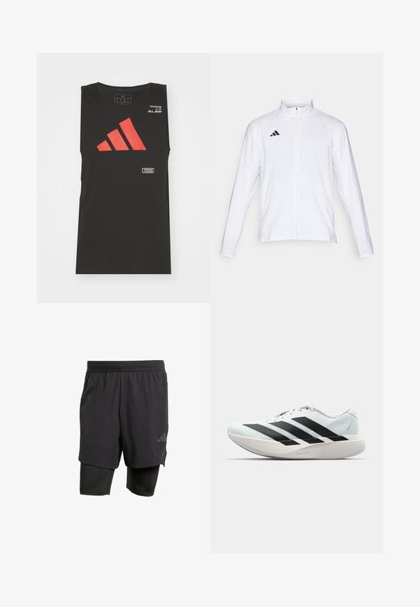 Balta sporta jaka ar garām piedurknēm, augstu apkakli un pilna garuma rāvējslēdzēju. Uz augšējās kreisās puses ir melna trīslīniju logo.; adidas Performance ALL GYM CATEGORY GRAPHIC - Tops - black; Melni sporta šorti ar iebūvētu iekšējo slāni, izgatavoti no elpojoša auduma. Iekļautas diskrētas logotipa detalizācijas un strukturēta tekstūra. Regulējama jostasvieta.; Gaiši zili vieglie skriešanas apavi ar melniem svītrainiem. Iezīmēti ar gludu augšpusi, apaļu purngalu un biezāko balto vidējo zoli, kurā ir uzraksts "LIGHTSTRIKE PRO."