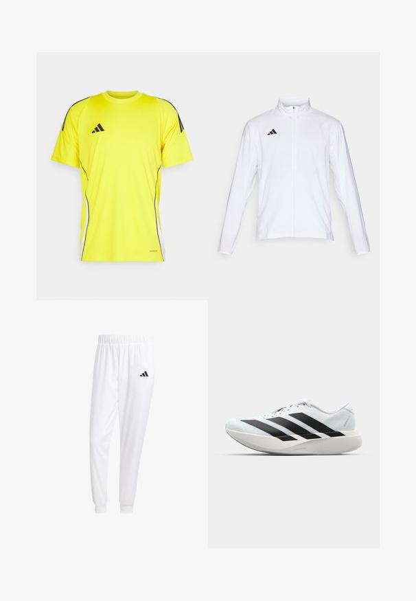 Jachetă sport albă cu mâneci lungi, guler înalt și fermoar pe toată lungimea. Prezintă un logo cu trei dungi negre în partea superioară stângă.; Tricou sportiv galben cu dungi și accente negre. Confectionat dintr-un material ușor, având mâneci scurte și guler rotund.; Pantaloni sport albi dintr-un material neted, cu un brâu elastic și mansete ajustate, având un logo negru pe buzunarul din spate.; Pantofi de alergare ușori în albastru deschis cu dungi negre. Au un superior neted, vârf rotund și o intermediară groasă albă etichetată "LIGHTSTRIKE PRO."