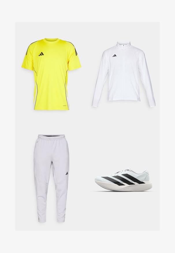 Vit sportjacka med långa ärmar, hög krage och hel dragkedja. Har en svart logotyp med tre ränder på övre vänstra sidan.; Gul sport t-shirt med svarta ränder och detaljer. Tillverkad av lätt material, med korta ärmar och rundad halsringning.; Ljusgrå atletiska byxor med elastisk midja, avsmalnande design, sidofickor och svarta logotryck. Tillverkade av mjukt, stretchigt material.; Lätta löparskor i ljusblått med svarta ränder. Har en slät ovandel, rund tå och tjock vit mellansula märkt "LIGHTSTRIKE PRO."