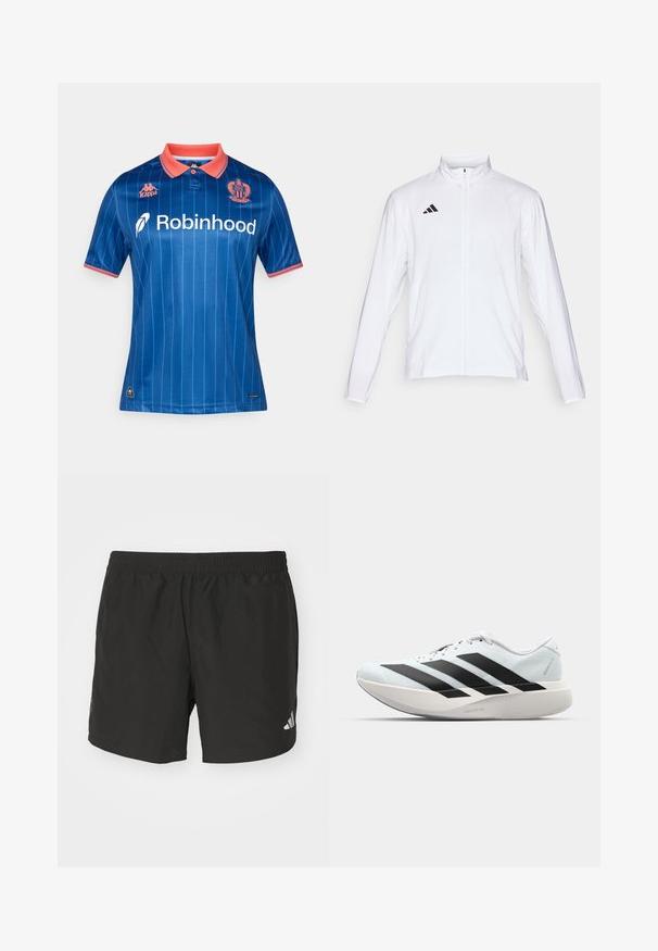 Jachetă sport albă cu mâneci lungi, guler înalt și fermoar pe toată lungimea. Prezintă un logo cu trei dungi negre în partea superioară stângă.; Tricou de fotbal albastru cu dungi verticale, guler portocaliu și accente. Prezintă siglele Kappa și Robinhood pe față. Material ușor.; Pantaloni scurți sport negri cu talie elastică, fante laterale și accente cu logo reflectorizant. Confectionați dintr-un material ușor, neted.; Pantofi de alergare ușori în albastru deschis cu dungi negre. Au un superior neted, vârf rotund și o intermediară groasă albă etichetată "LIGHTSTRIKE PRO."